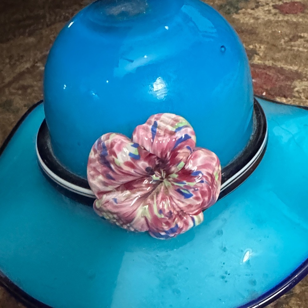 Murano Blue Hat with Pink Floral Accent